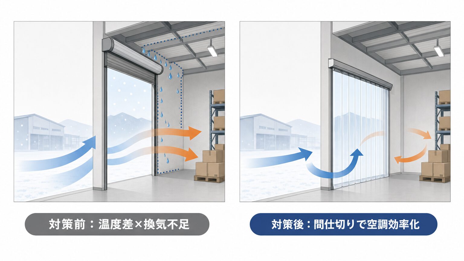 温度差・換気不足による結露発生の仕組みと、間仕切りによる空調効率化での軽減効果を比較した図解